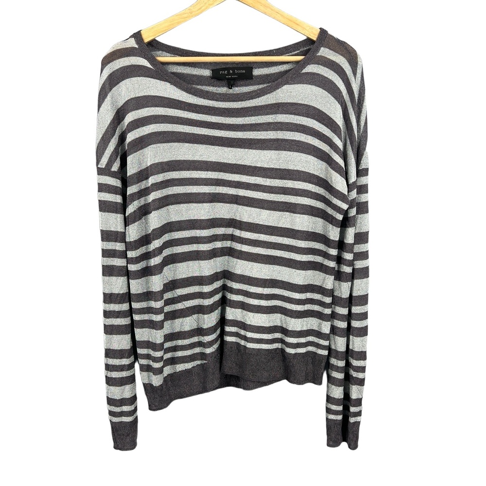 Rag & Bone Sweater Silver Sheer Metallic Sparkly Striped Drop Shoulder Medium